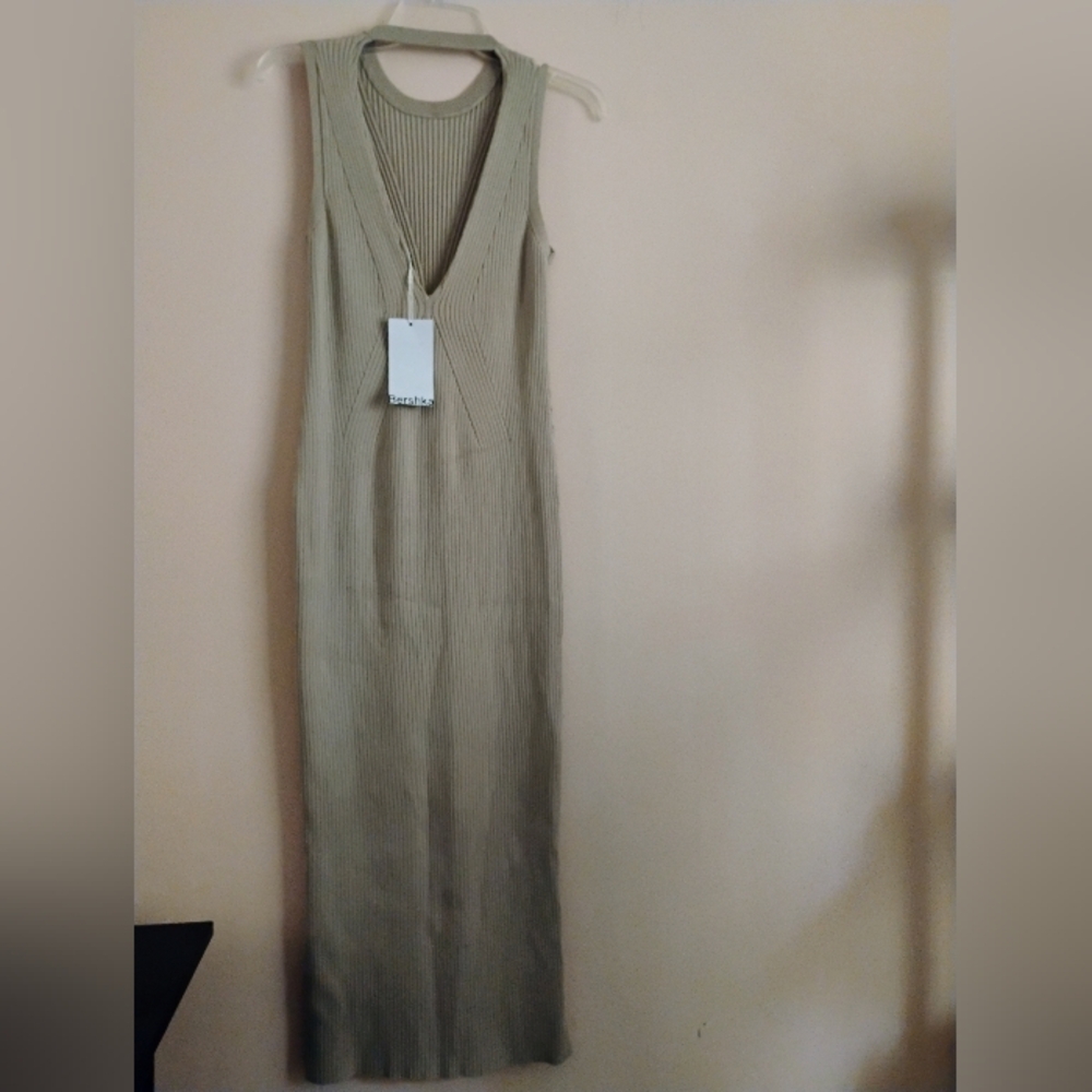 Bershka Ribbed Knit Midi Dress Tan Sleeveless XL New With Tags - Picture 10 of 14